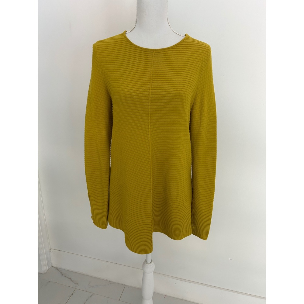 Alfani Petite Ribbed Knit Tunic Sweater Chartreuse Mustard Yellow Button Cuff PM